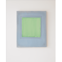 Composition of lemon green coloured paper on indigo blue
